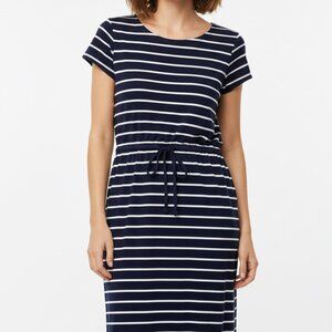 Talbots Navy White Stripe Drawstring Waist Knit Dress Size XL Short Sleeve